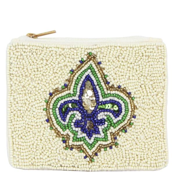 MARDIGRAS WHITE FLEUR DI LIS THEME FULL SEED BEAD ZIPPER BAG