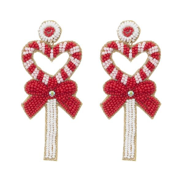SEED BEAD HEART RIBBON DANGLE EARRING