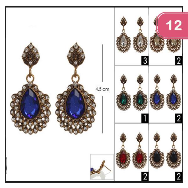 CRYSTAL RHINESTONE COLORFUL TEAR DROP DANGLE EARRING (12 UNITS)