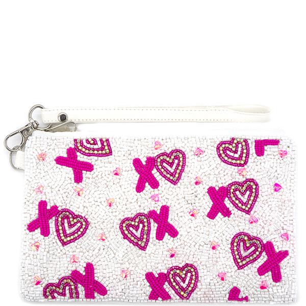 X HEART THEME FULL SEED BEAD ZIPPER BAG