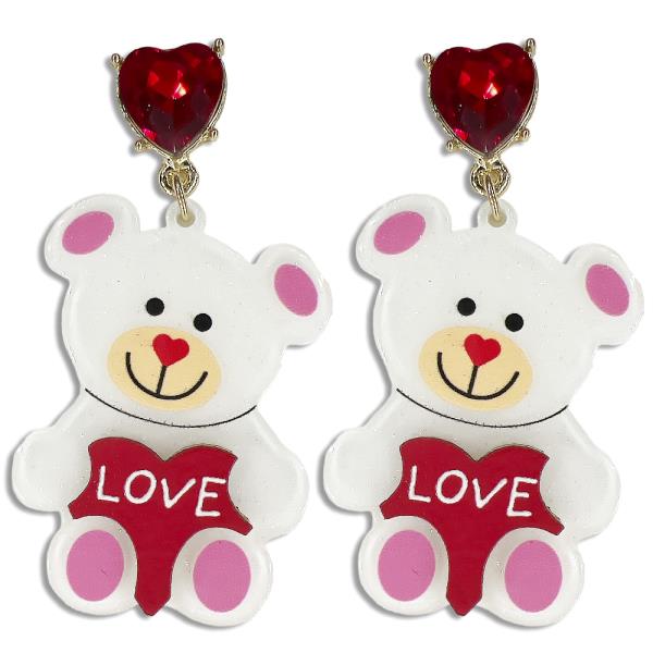 CUTE BEAR LOVE CRYSTAL HEART POST EARRING
