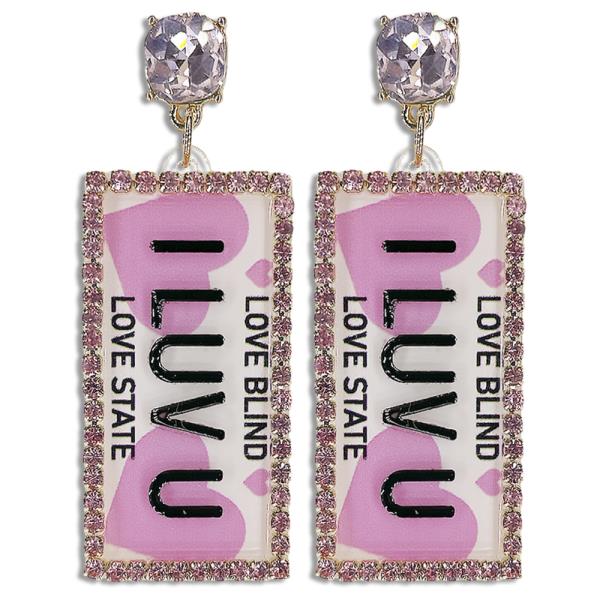 RHINESTONE CRYSTAL I LUV U MESSAGE RECTANGLE POST EARRING