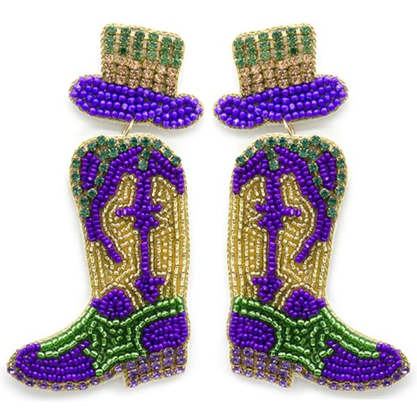 SEED BEAD MARDI GRAS BOOTS DANGLE EARRING