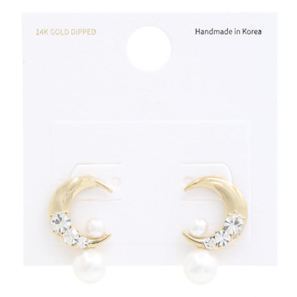 CRESCENT MOON PEARL BEAD RHINESTONE 14K GOLD DIPPED EARRING