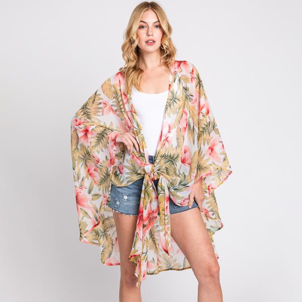 TROPICAL FLOWER LEAVES PRINT SHAWL COVER UP