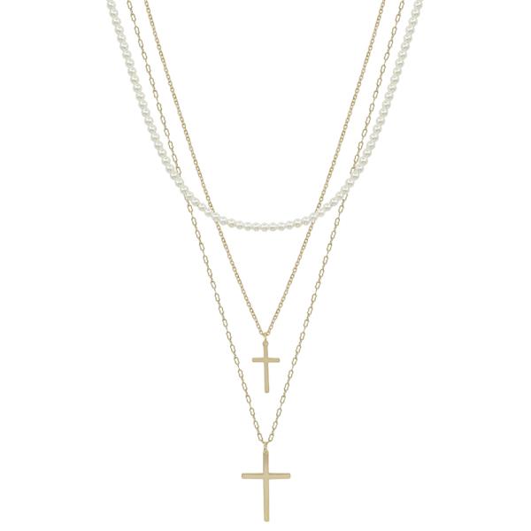 DOUBLE CROSS PENDANT PEARL LAYERED SHORT NECKLACE