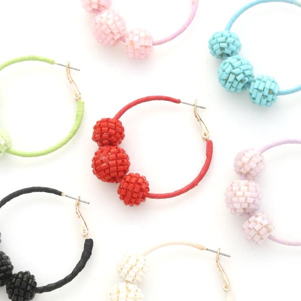 BEADED BALL RAFFIA WRAPPED HOOP EARRING