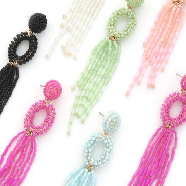 OVAL SEED BEAD TASSEL DANGLE EARRING