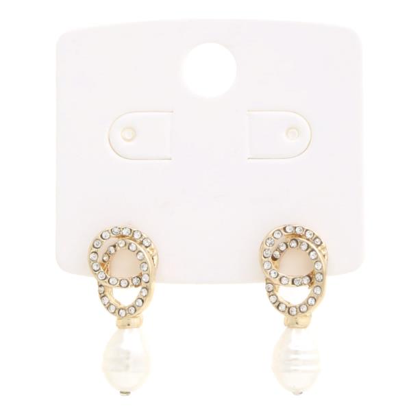 DOUBLE CIRCLE LINK RHINESTONE PEARL BEAD EARRING