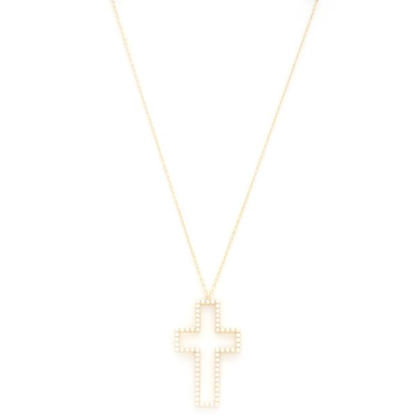 CUT OUT CROSS PEARL BEAD PENDANT NECKLACE