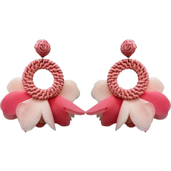 FLOWER ROUND RATTAN CHIFFON DANGLE EARRING