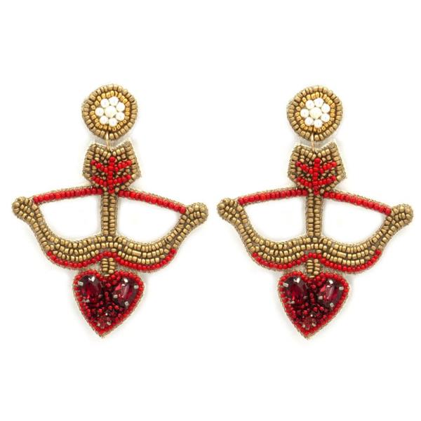 BOW & HEART ARROW SEED BEAD RHINESTONE EARRING