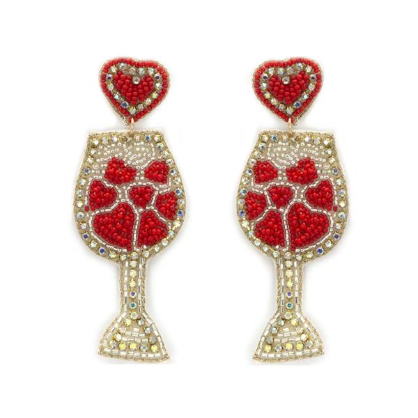 HEARTS IN WINE GLASS SEED BEAD RHINESTONE EARRING