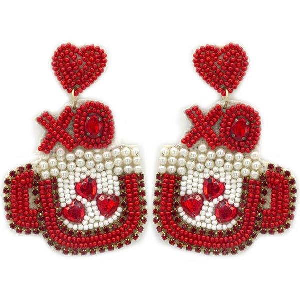 VALENTINES "XO" MUG SEED BEAD PEARL RHINESTONE  EARRING