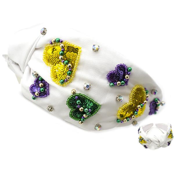 SEED BEAD SEQUIN MARDI GRAS HEART HEADBAND