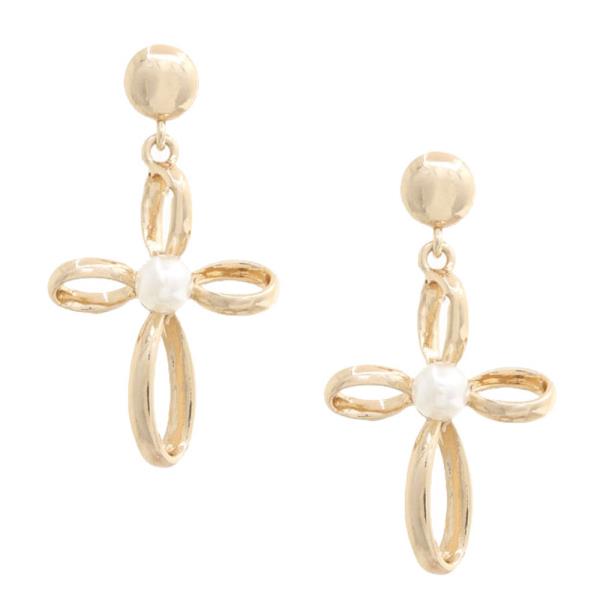 PEARL BEAD METAL CROSS EARRING