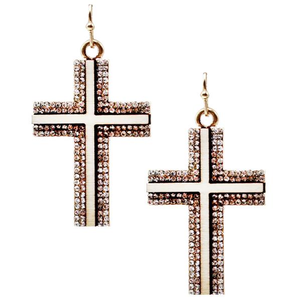 RHINESTONE WOOD CROSS DANGLE EARRING