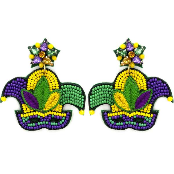 SEED BEAD MARDI GRAS JESTER HAT POST EARRING