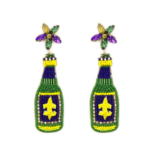 SEED BEAD MARDI GRAS THEME BOTTLE POST EARRING