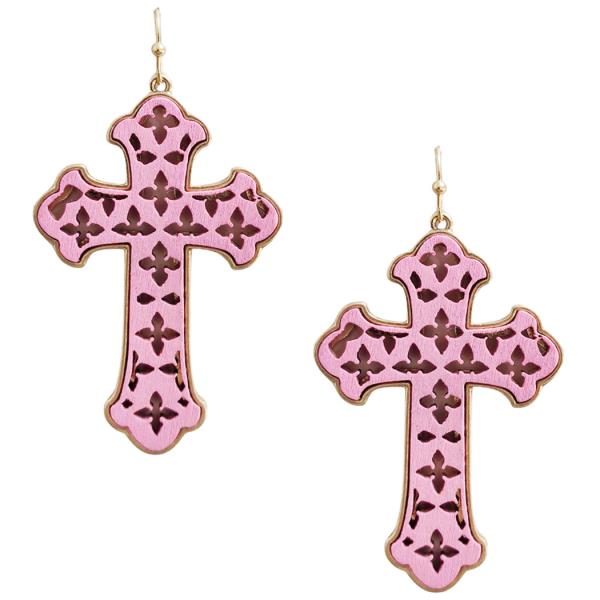 WOOD FLOWER CROSS DANGLE EARRING