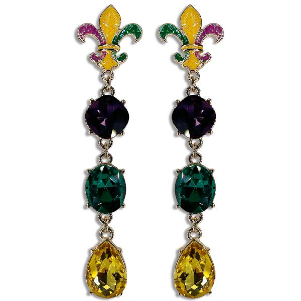 FLEUR DE LIS MARDI GRAS STONE DROP POST EARRING