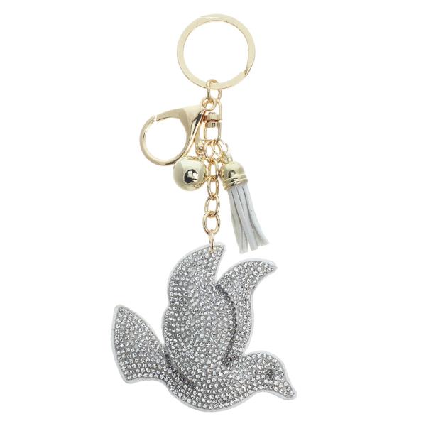 RHINESTONE WHITE DOVE KEYCHAIN WITH TASSEL