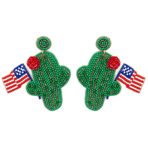 SEED BEAD USA FLAG CACTUS EARRING