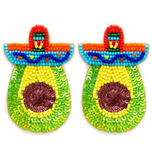 SEED BEAD CINCO DE MAYO AVOCADO SOMBRERO HAT EARRING