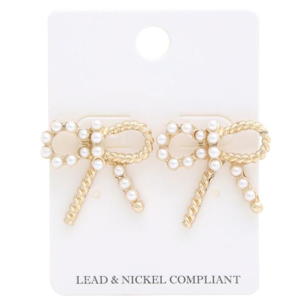 PEARL BEAD BOW METAL EARRING
