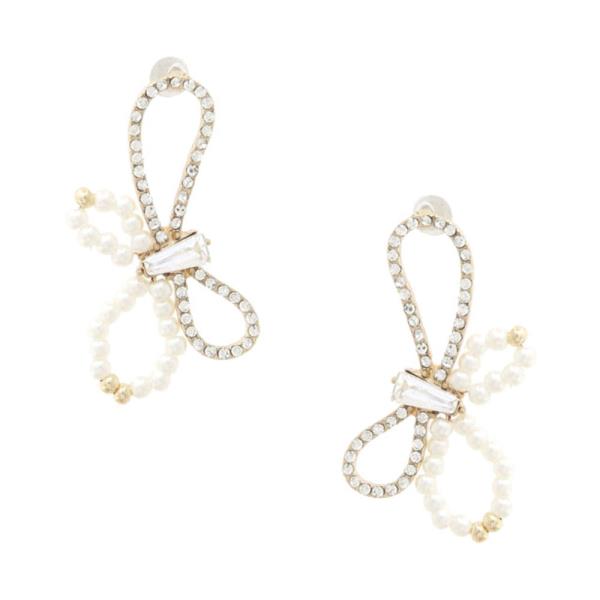 BOW PEARL BEAD RHINESTONE EARRING