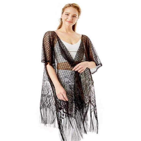 HEARTS WITH TILES PATTERN CROCHET LACE COVER UP WITH FRINGES