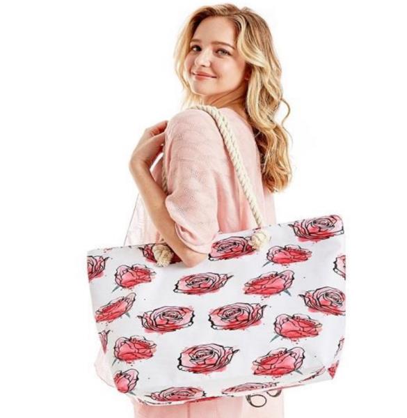 WATERCOLOR BLOOMING ROSES PRINT BEACH BAG