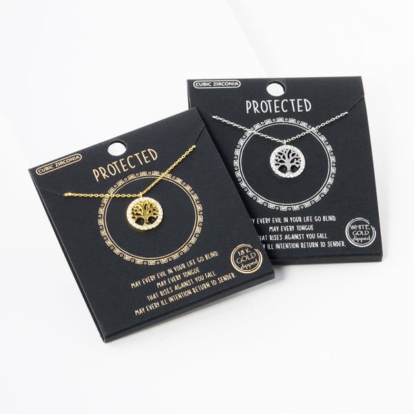 18K GOLD RHODIUM DIPPED PROTECTED TREE OF LIFE CZ NECKLACE