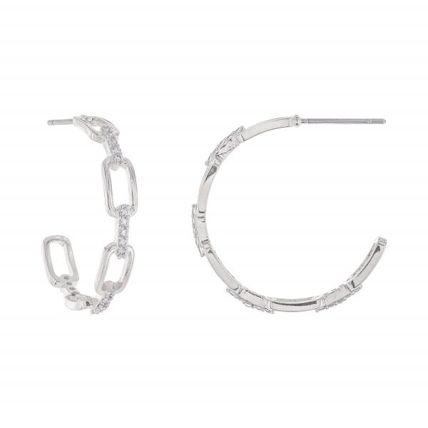 BRASS RHODIUM PLATED CLEAR CZ 27 MM HOOP EARRING