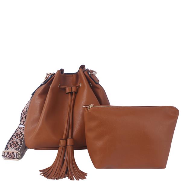 2IN1 PLAIN TASSEL DRAWSTRING CROSSBODY W ZIPPER BAG SET