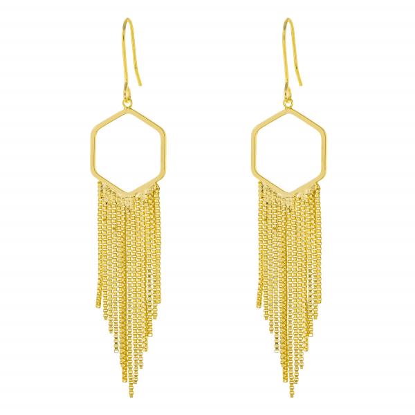 HEXAGON TASSEL BRASS GOLD PLATED DANGLE EARRING
