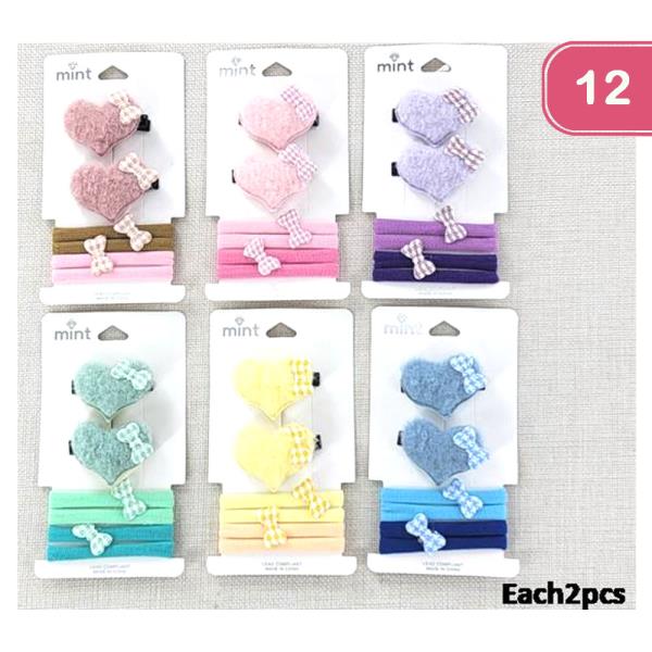 HEART BOW HAIR CLIP HAIR TIES (12 UNITS)