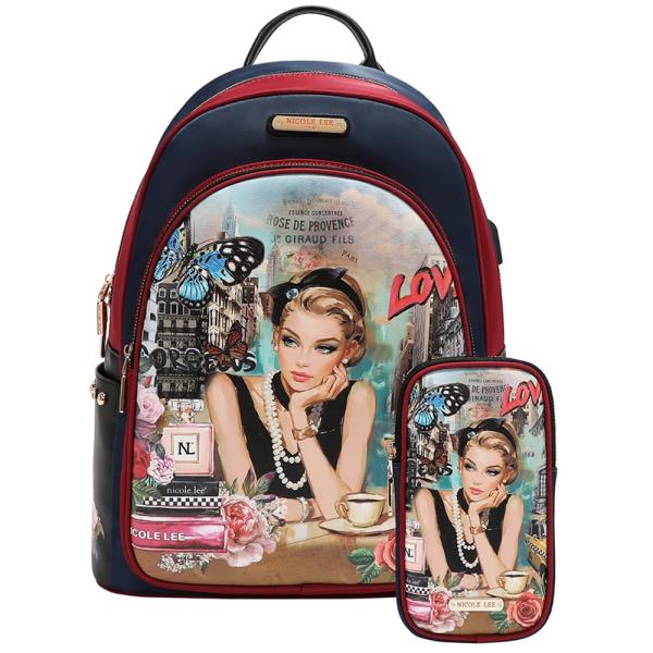 NICOLE LEE LARGE USB FASHION BACKPACK WITH CHARGING PORT AND POUCH