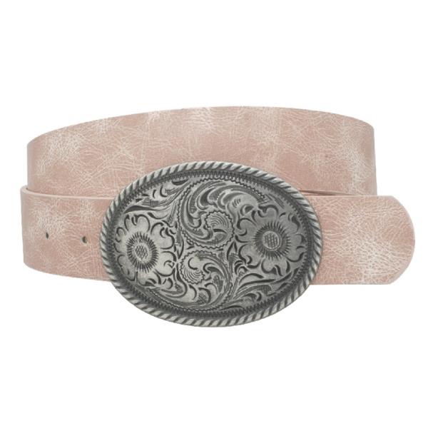 FLOWER EMBOSSED OVAL BUCKLE VINTAGE STRAP BELT