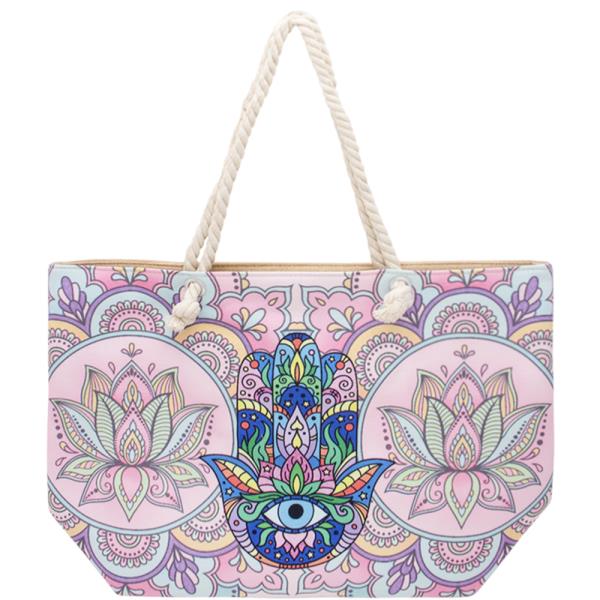 HAMSA EYE FLORAL PRINT BEACH TOTE BAG