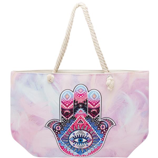 HAMSA EYE PATTERN FEATHER PRINT BEACH TOTE BAG