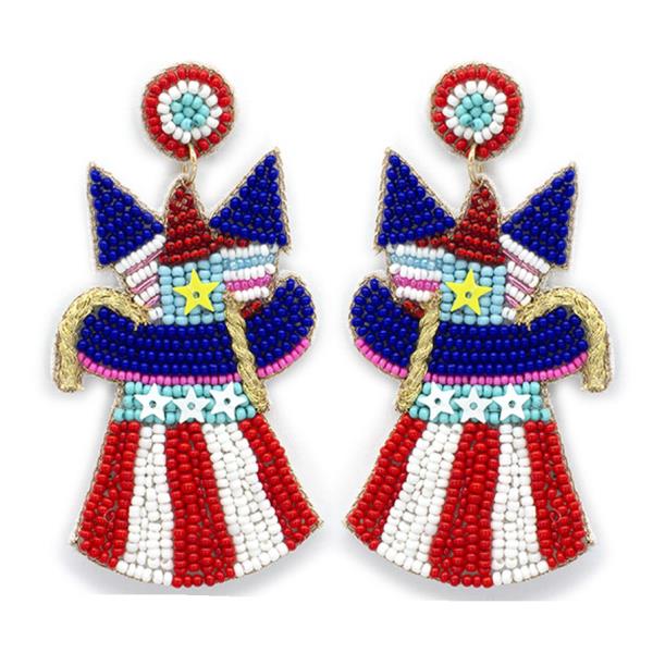 SEED BEAD RED WHITE BLUE FIREWORK EARRING