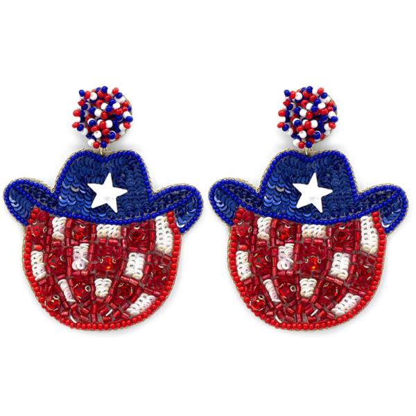 SEED BEAD RED WHITE BLUE COWBOY DANGLE EARRING