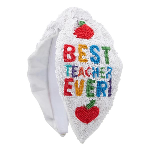 SEED BEAD SEQUIN BEST TEACHER EVER KNOT HEADBAND