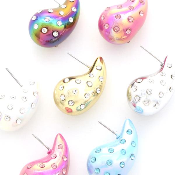 IRIDESCENT TEARDROP DOME RHINESTONE EARRING