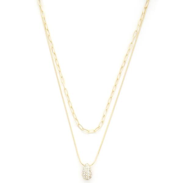 TEARDROP DOME RHINESTONE CHARM OVAL LINK LAYERED NECKLACE