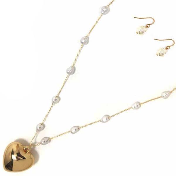 PEARL W METAL HEART PENDANT NECKLACE EARRING SET