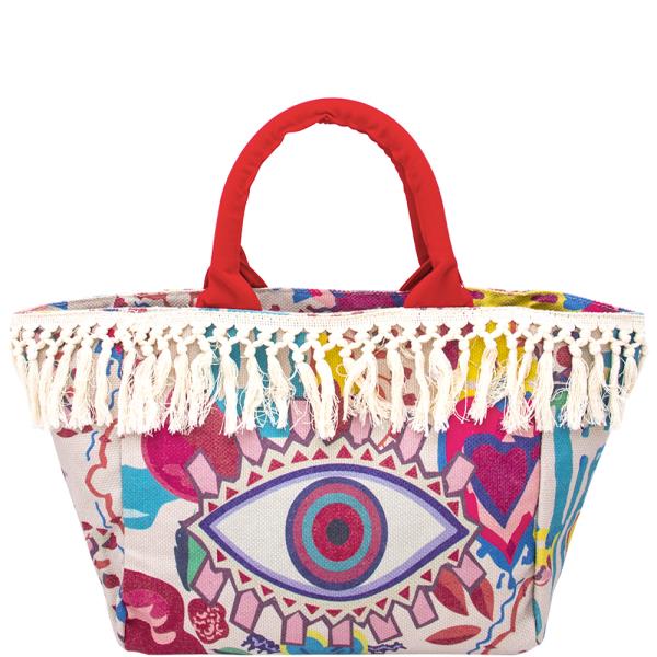 FRINGE MULTI COLOR PATTERN DESIGN EVIL EYE TOTE BAG
