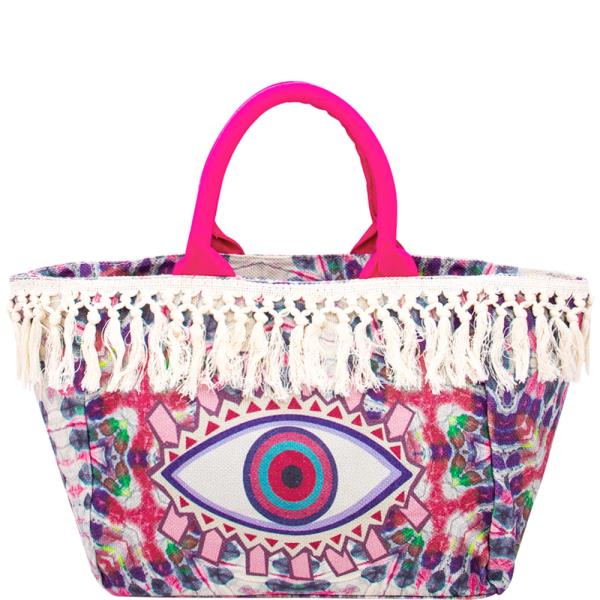 FRINGE MULTI COLOR PATTERN DESIGN EVIL EYE TOTE BAG