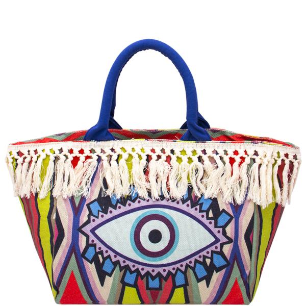 FRINGE MULTI COLOR PATTERN DESIGN EVIL EYE TOTE BAG